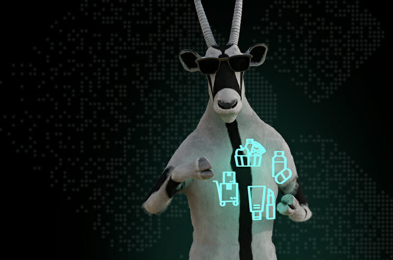 A cartoon goat wearing sunglasses stands upright with digital icons representing shopping, food, and personal care items displayed in front of it. The background includes a stylized dot pattern showcasing the various trade solutions available today.