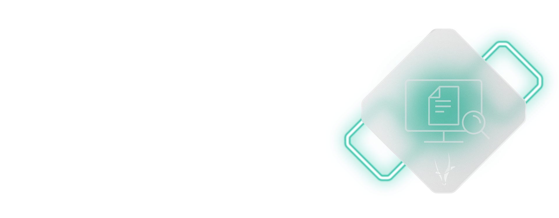 A transparent icon with a document and magnifying glass on a computer screen is shown on a diamond-shaped background with teal accents, symbolizing cutting-edge digital self-service technology.