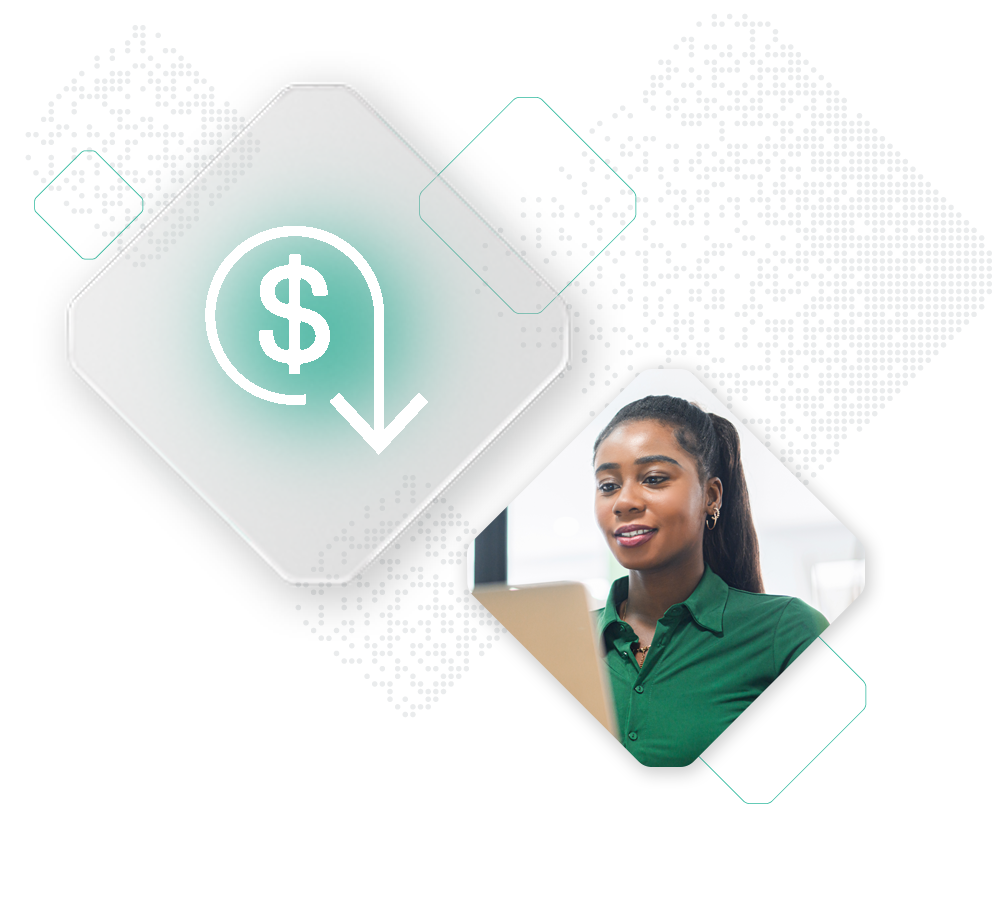 cost reduction icon with woman smiling next to it