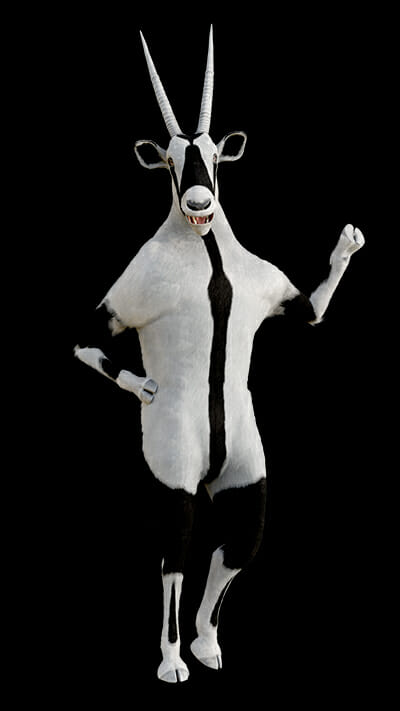 A humanoid figure with the body of a cow and the head of an antelope stands on two legs, one arm bent at the elbow and the other raised. The figure, showcasing spryker services’ dynamic approach, has a black and white color pattern against a black background.