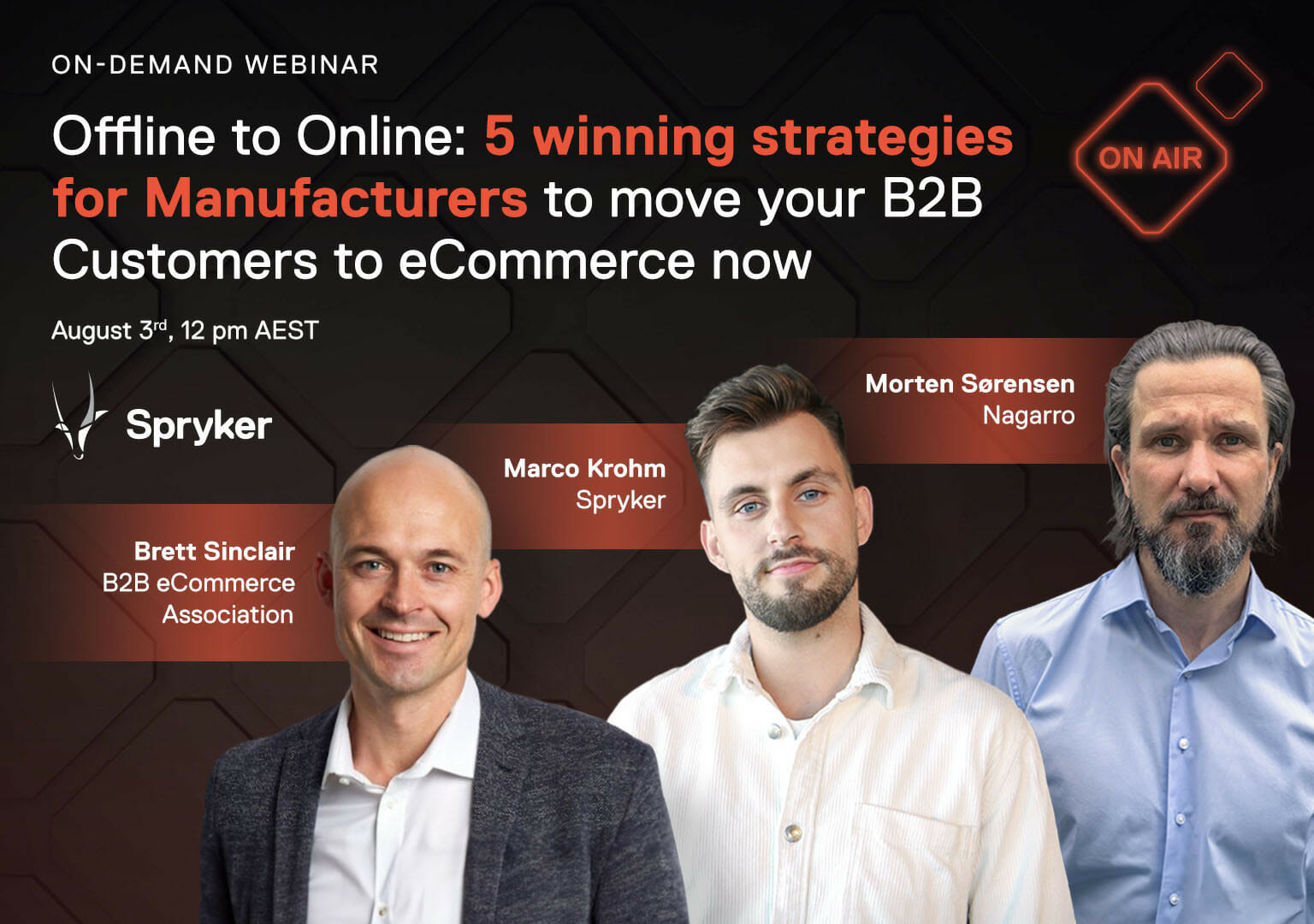 Webinar flyer titled "Offline to Online: 5 winning strategies for Manufacturers to move your B2B Customers to eCommerce now" featuring speakers Brett Sinclair, Marco Krohn, and Morten Sorensen. Special focus on the automotive aftersales industry.