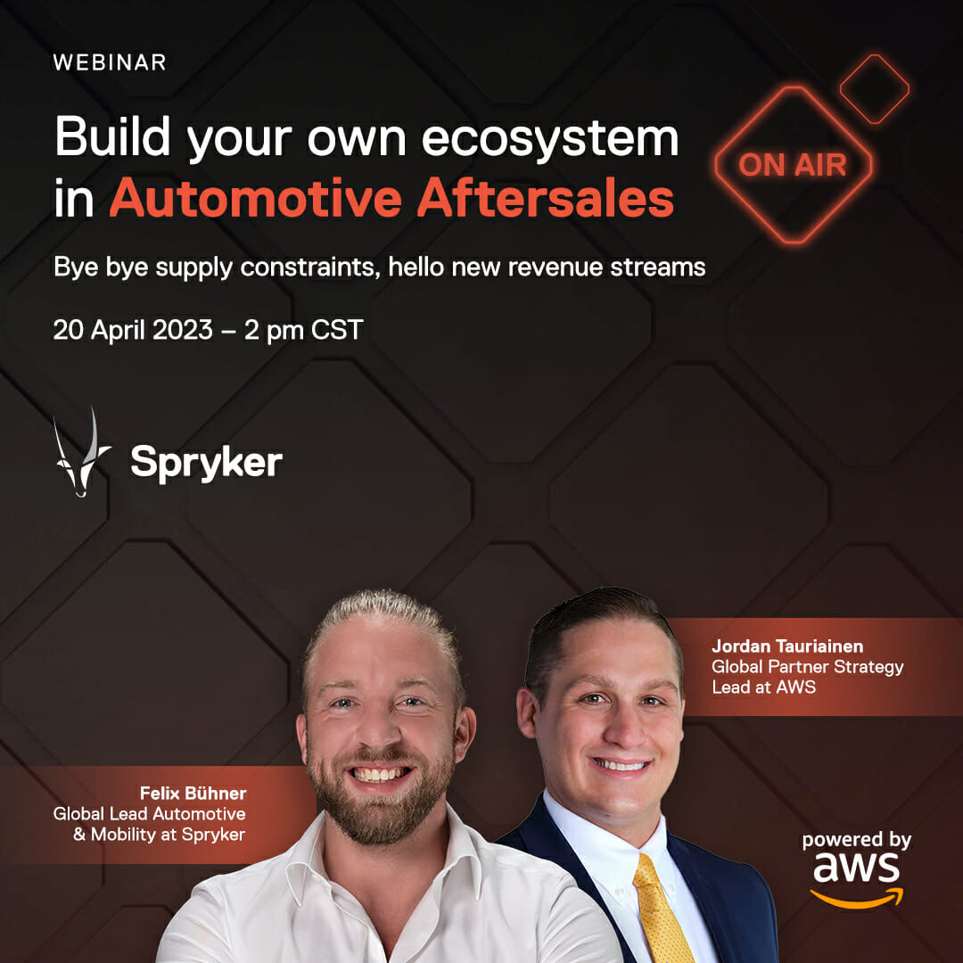 Promotional image for a webinar titled "Build your own ecosystem in Automotive Aftersales," featuring speakers Felix Bühner and Jordan Tauranian, scheduled for April 20, 2023, at 2pm CST. Don't miss this onair event!