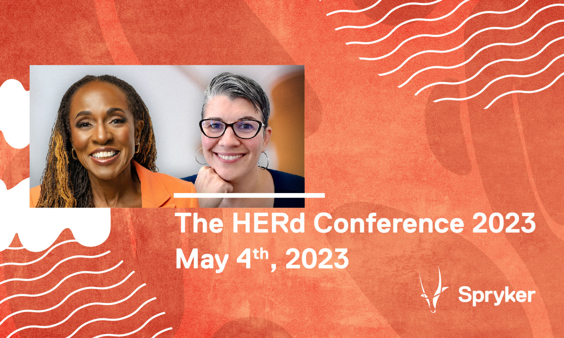 Two individuals smile at the camera against an orange-red background, next to the text: "The HERd Conference 2023, May 4th, 2023, Spryker. Discover the HERd Conference 2023 takeaways.