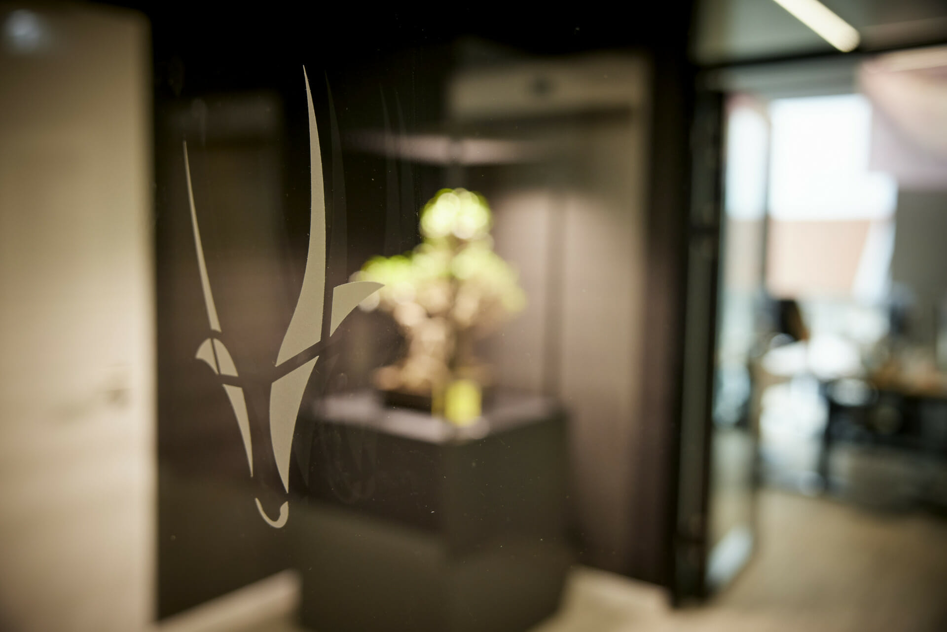 Frosted glass with a geometric animal logo in the foreground, blurred background featuring a bonsai tree on a black pedestal inside CriticalRiver's office space.