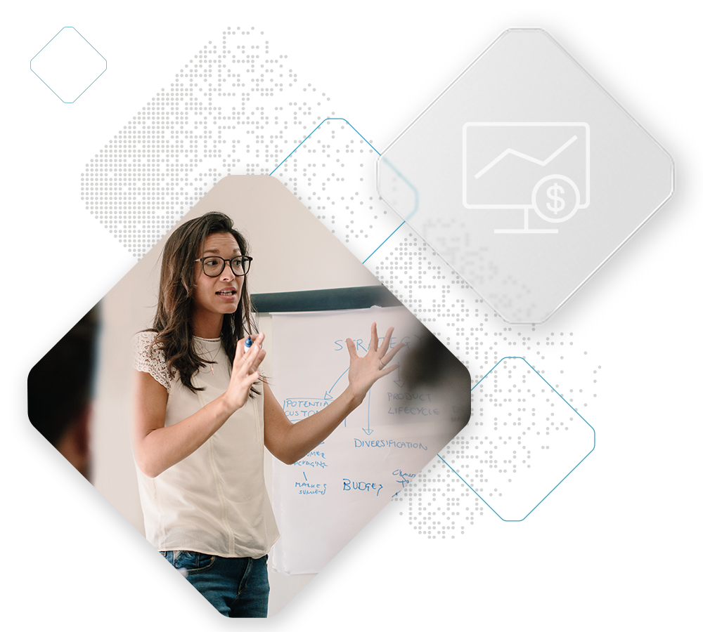 A person stands in front of a whiteboard with diagrams, gesturing while speaking, with an overlay of a computer screen, dollar sign icon, and Spryker marketplace.