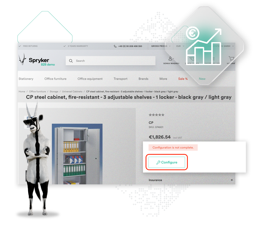 Spryker B2B demo webpage showcasing a CP steel cabinet with incomplete configuration. A panda mascot on the left adds a touch of whimsy while an information icon with a bar graph on the upper right provides insights into selling complex products.