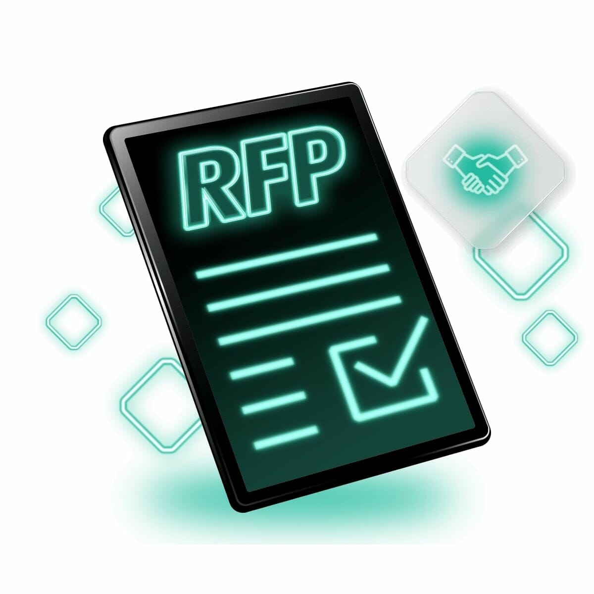 Illustration of a digital screen displaying the acronym "RFP" (Request for Proposal) with lines of text and a checkmark, alongside a handshake icon, signifying agreement or partnership. This commerce RFP template streamlines the process.