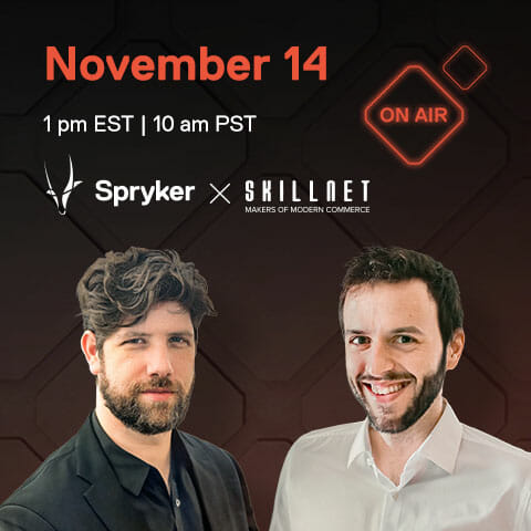 Promotional image for a webinar on November 14 at 1 PM EST / 10 AM PST, featuring representatives from Spryker and SkillNet. Learn about digital transformation strategies for manufacturers. The text "On Air" and company logos will be displayed prominently.