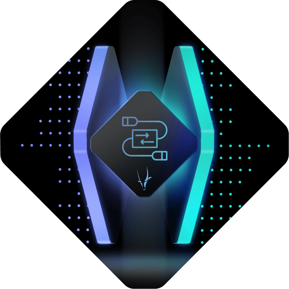 A geometric, futuristic graphic with blue and teal illuminated elements, featuring a central hexagon displaying a symbol of intertwined cables and a middleware goat head logo.