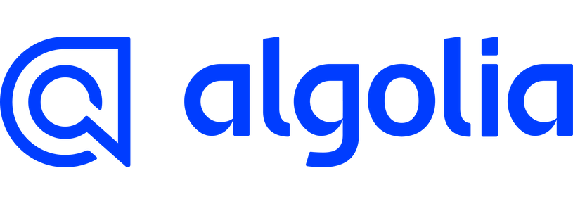 The Algolia logo, showcased during the latest Spryker product release, features a stylized blue magnifying glass icon followed by "algolia" in lowercase blue letters.