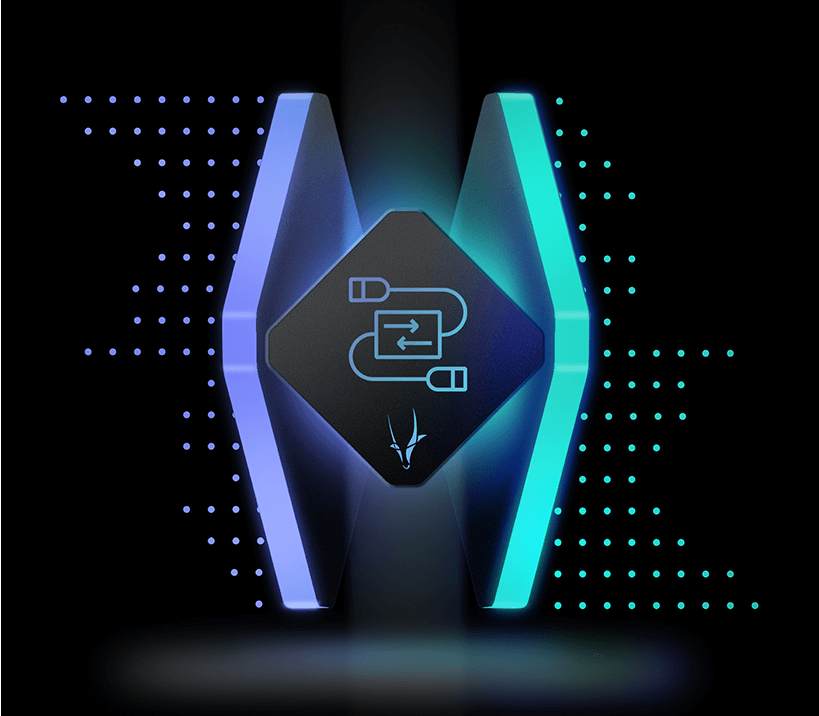 A futuristic graphics card with an angular design is illuminated by blue and green lights against a black background with dotted patterns. The card, inspired by innovative middleware solutions, has a logo featuring a flowchart symbol.