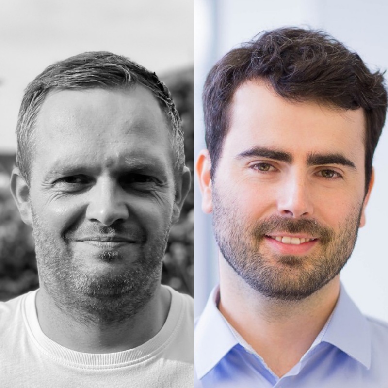 A grayscale photo of a man with short hair and rough stubble on the left, beside a color photo of a man with dark hair and a trimmed beard in a collared shirt on the right, captures diverse styles perfect for showcasing at Spryker EXCITE 2024.