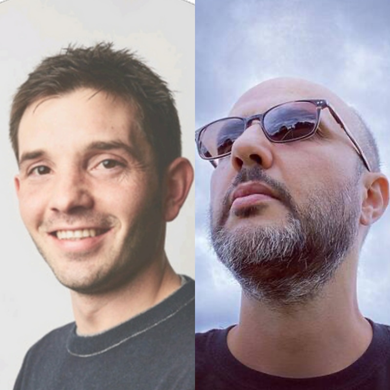 A split image showing two men. The man on the left has short dark hair and is smiling at the camera. The man on the right, attending Spryker EXCITE 2024, has a beard, is wearing sunglasses, and is looking off into the distance.