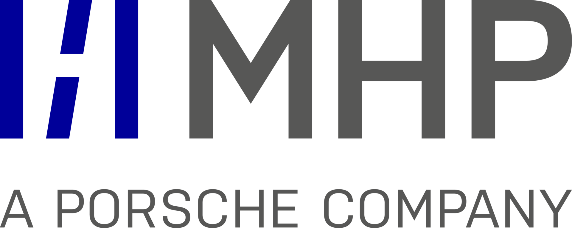 The image displays the MHP logo, which consists of the letters "MHP" in bold, dark gray text. To the left of "MHP," there are two vertical bars, one blue and one gray. Below "MHP," the text reads "A Porsche Company" in smaller, dark gray font.
