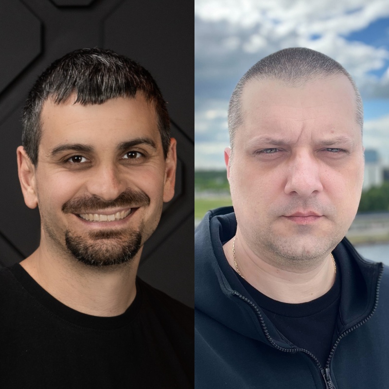 Two men are shown in a side-by-side split image. The man on the left, with short dark hair and a beard, smiles at the camera, embodying the enthusiasm of Spryker EXCITE 2024. The man on the right has a shaved head and a neutral expression, looking straight ahead.