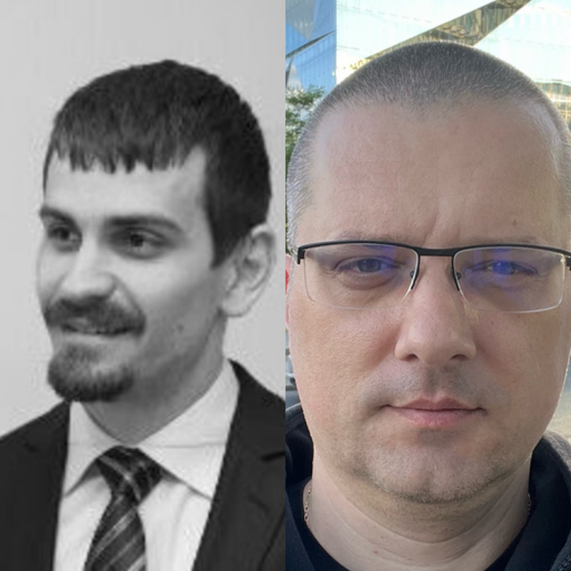 Split image of two men. Left: man with dark hair and beard, wearing a suit and tie, smiling. Right: man with short hair, glasses, and a serious expression outdoors with modern buildings behind him—a glimpse into the dynamic personalities set to drive Spryker EXCITE 2024.