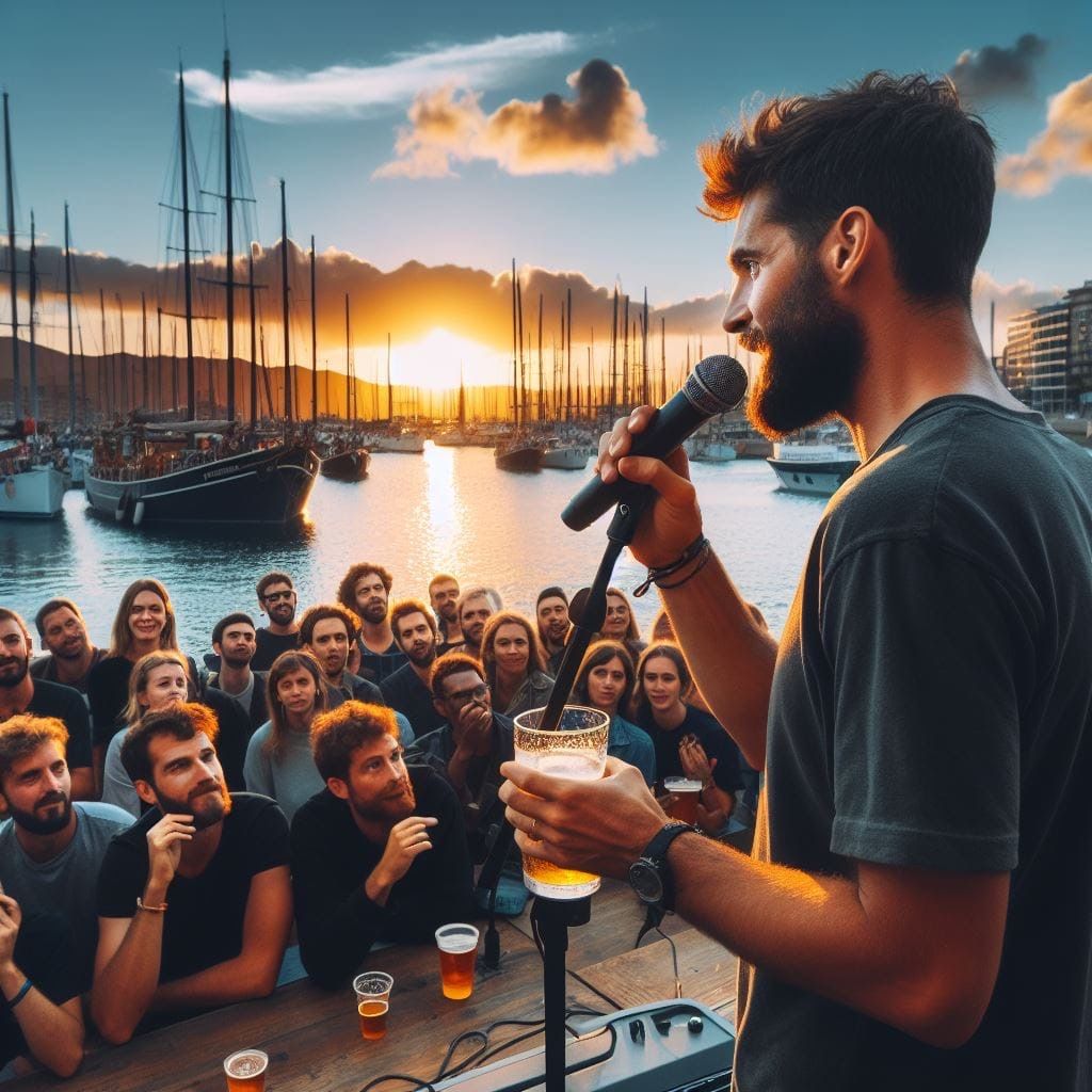 A bearded man holds a microphone and a pint glass, speaking to an attentive crowd at a dockside event. Sailboats and tranquil waters are seen in the background, illuminated by a vibrant sunset. The audience is casually dressed, enjoying drinks and the scenic view.