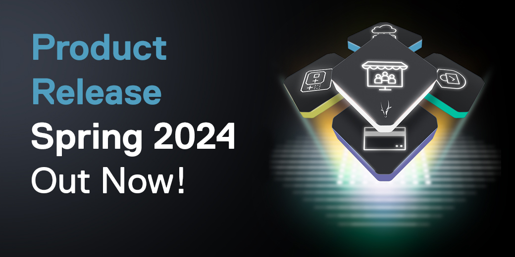 The image features the text "Product Release Spring 2024 Out Now!" to the left. On the right is an abstract design of interconnected, glowing icon blocks, including a monitor, a storefront, a laptop, a cloud, and a document. The background is dark with a spotlight effect.