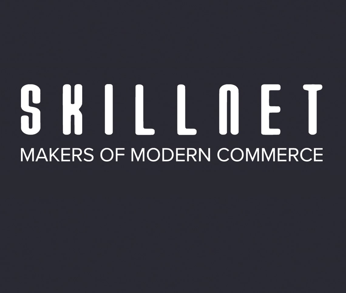 The image is a logo with a dark background and the words "SKILLNET" in large, bold, white letters at the top. Below it, in smaller white font, are the words "MAKERS OF MODERN COMMERCE.
