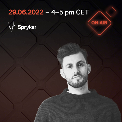 Black-and-white promotional image featuring a man with dark hair and a beard, with event details "29.06.2022 – 4-5 pm CET," a "Spryker" logo, and an "ON AIR" sign, setting the onair ambiance for the upcoming live session.