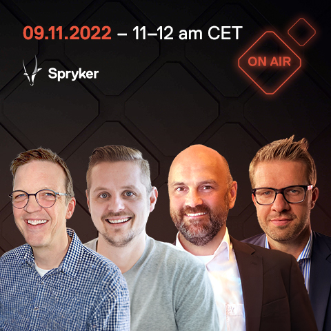 Four men are standing in a line. Behind them, text reads "09.11.2022 – 11-12 am CET" and "ONAIR." In the top left corner, there is a Spryker logo.
