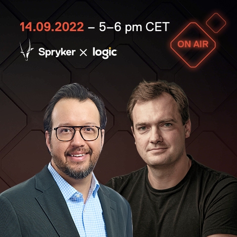 Two men are pictured in a promotional image for a live event on 14.09.2022 from 5-6 pm CET, presented by Spryker and Logic. An "On Air" neon sign is displayed in the upper right corner, capturing the essence of being onair.