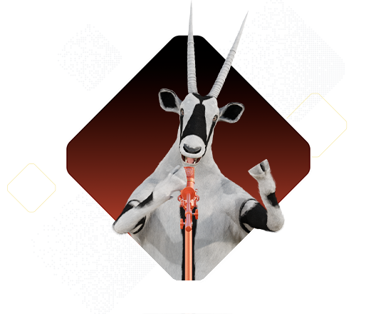 A goat standing on its two hind legs, holding a violin with its front hooves against a red and black geometric background, appears as if ready for an onair performance.