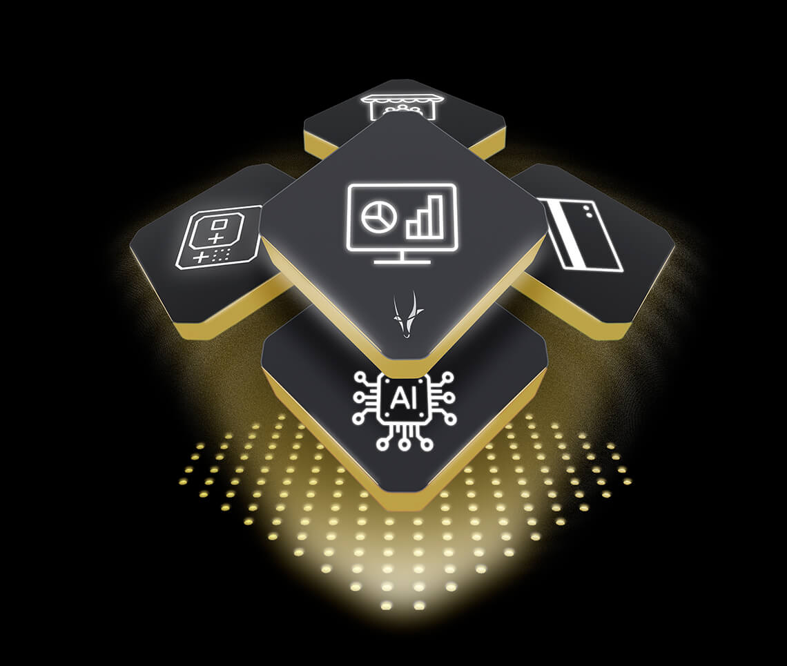 A 3D illustration showcasing hexagonal blocks with symbols depicting technology and data, including AI, a bar graph, a touchscreen, and a cloud. Set against a black background with a dotted light effect, this visual nods to the latest Spryker product release.