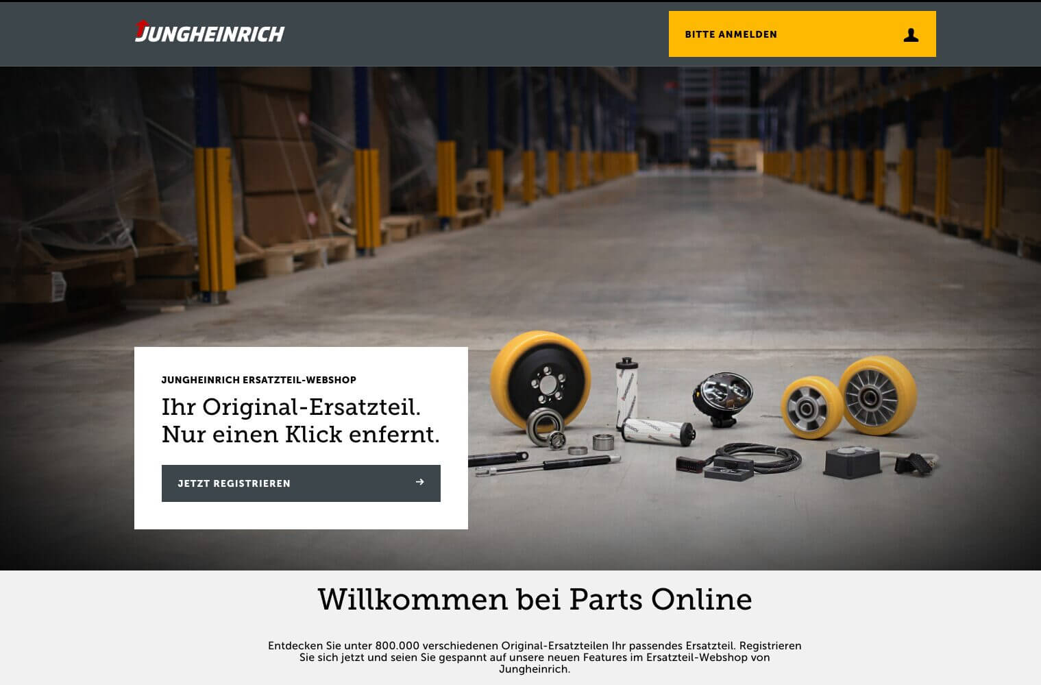 The webpage features the Jungheinrich logo against a warehouse backdrop, with a login button and a display of spare parts. The German text invites users to register online for original spare parts, highlighting the convenience of digital self-service options.