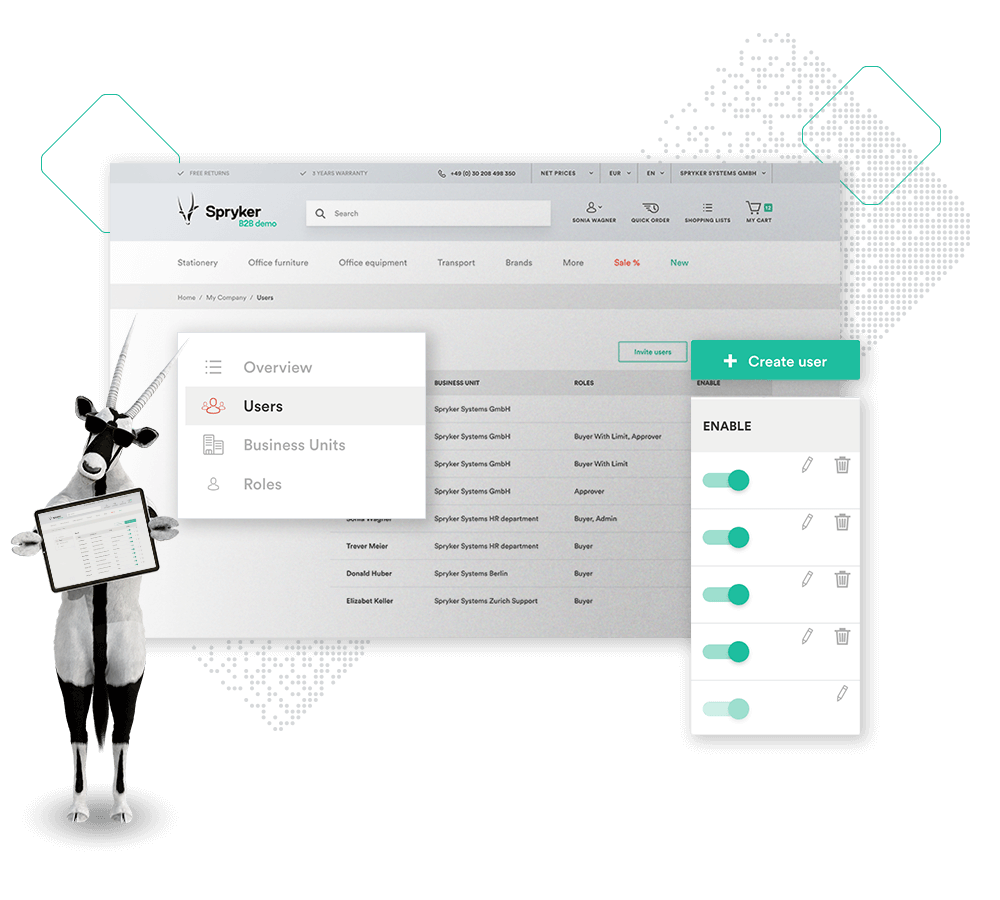 Screen display showing a user management interface with options to create users and enable features. A zebra character holds a chart.