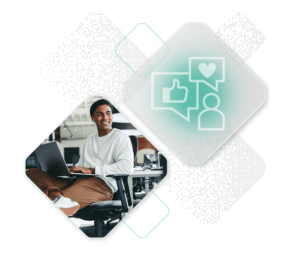 Person smiling while sitting with a laptop. Overlaid graphic of chat icons with thumbs up and heart symbols.