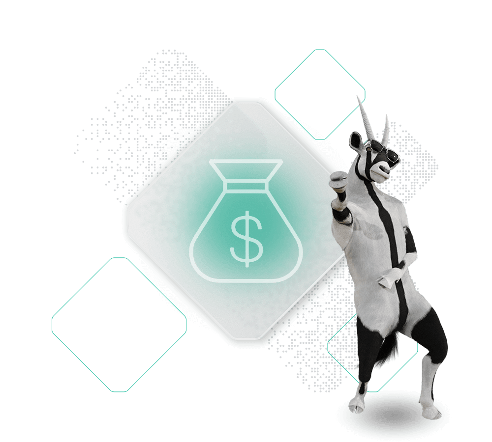 A dancing goat wearing sunglasses points towards a money icon on a digital background.