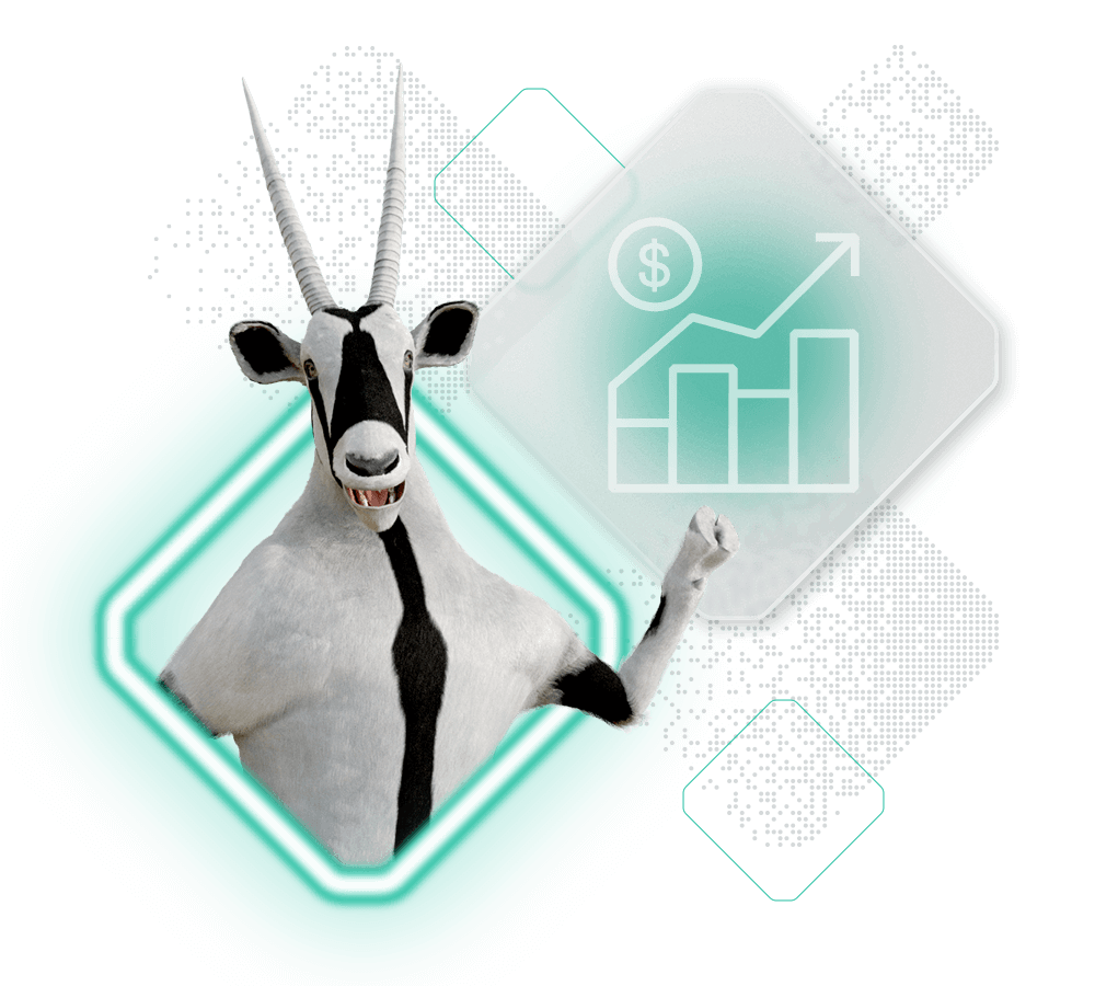 A taxidermy oryx stands beside an upward-trending financial chart, with a dollar symbol. The image combines themes of wildlife and economic growth.