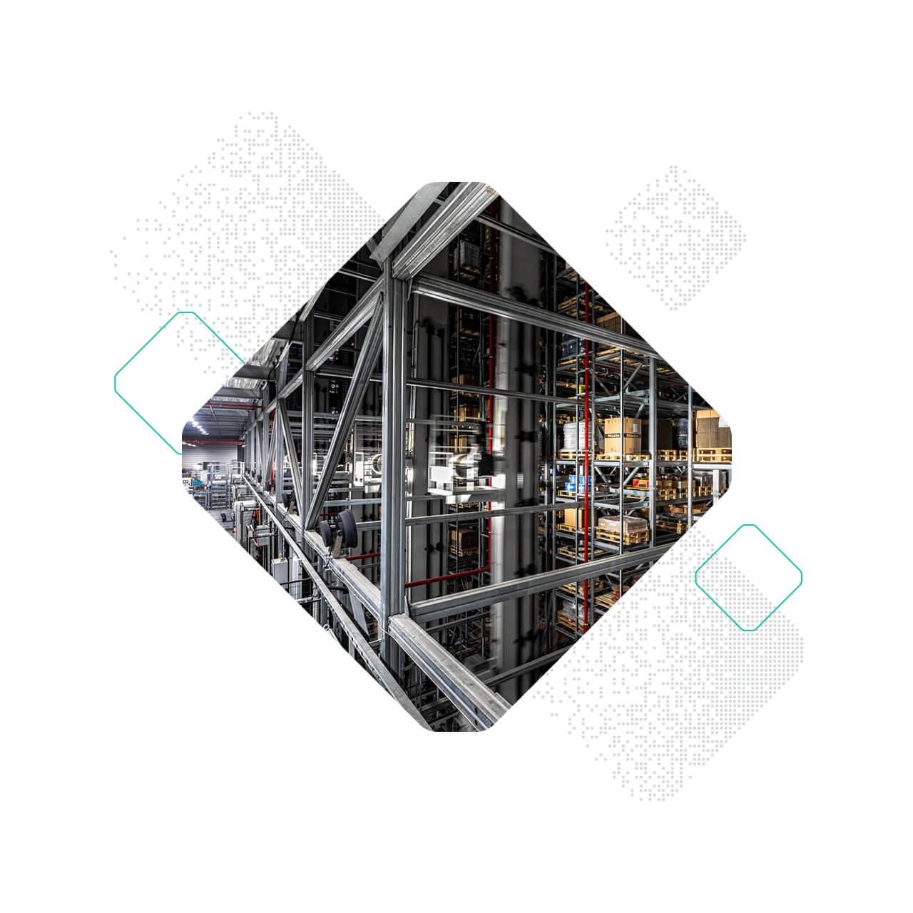 Interior view of a large industrial warehouse with Stauff metal racks and shelves, shown in a diamond-shaped frame.