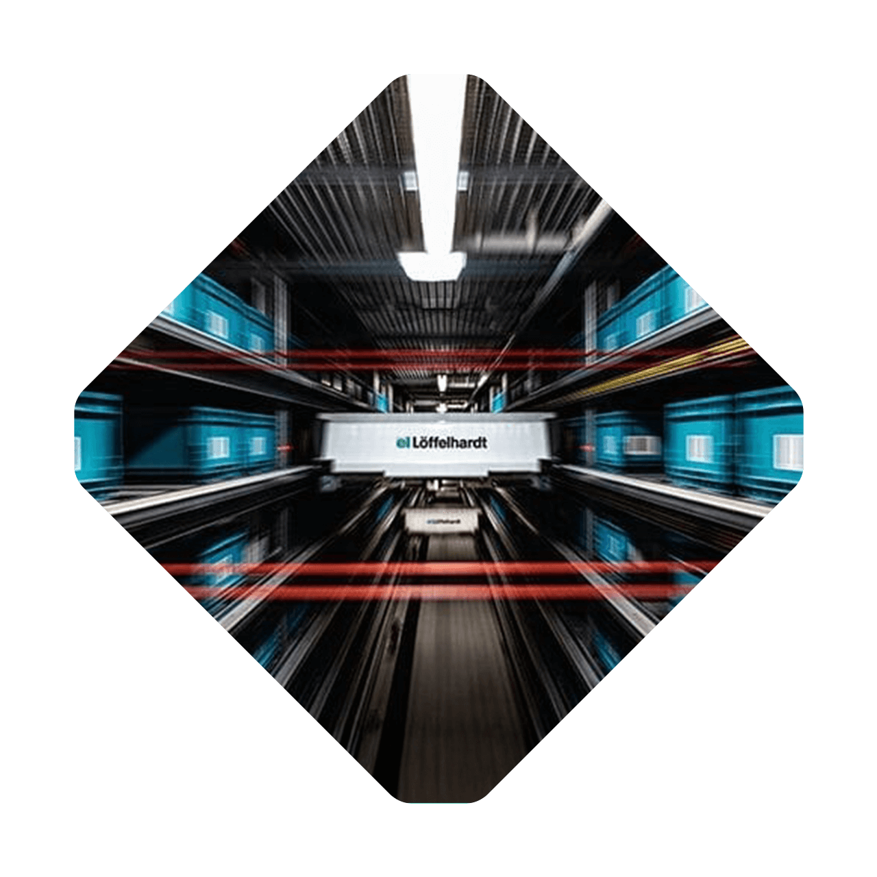 Blurred image of a warehouse aisle with racks and a centered sign reading "Löffelhardt," capturing a dynamic, motion effect reminiscent of scenes from Stauff's industrial settings.