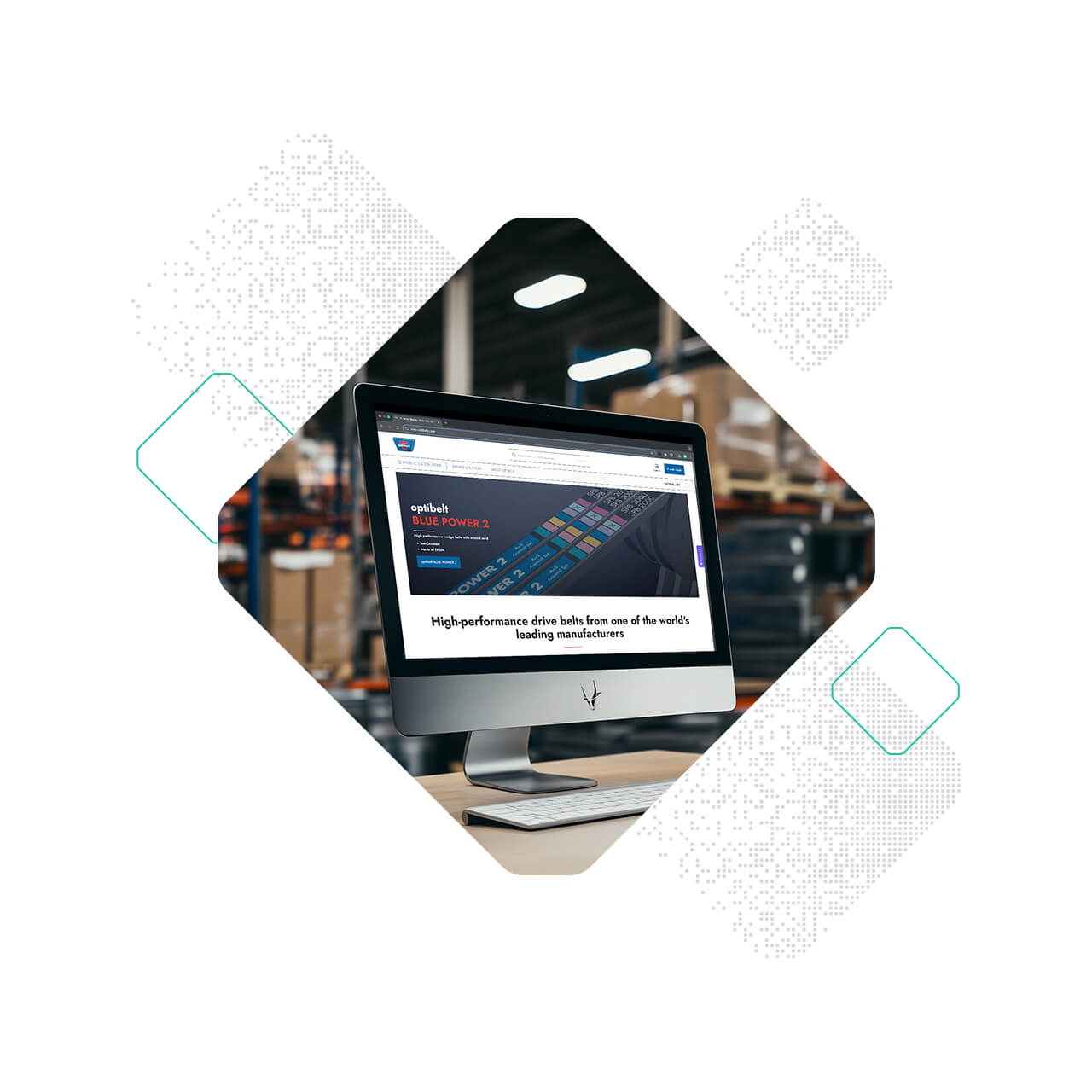 A computer monitor on a desk displays a website about high-performance silicon wafers, with optibelt packaging visible on warehouse shelves in the background.