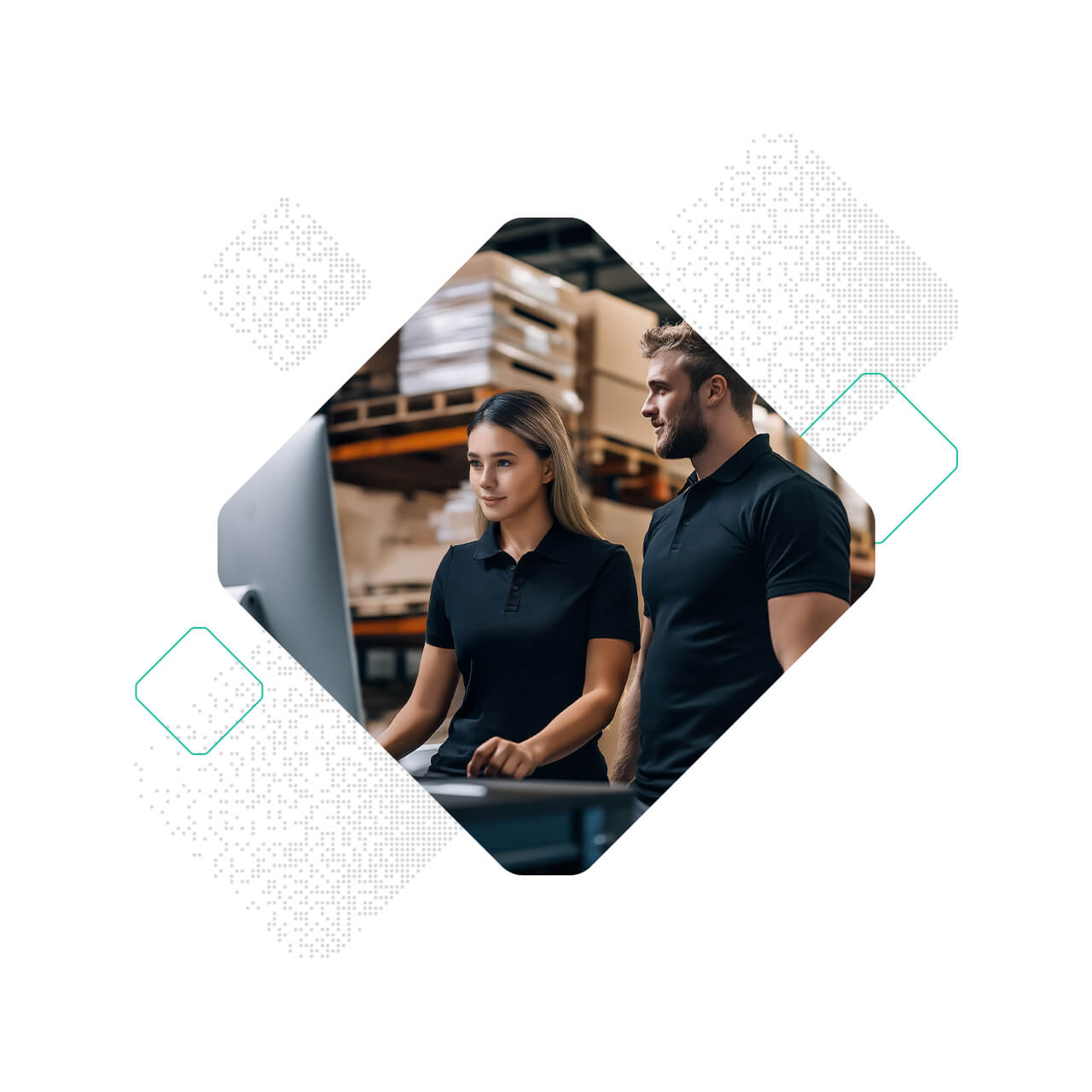 Two warehouse workers in black uniforms look at a computer monitor in an industrial storage area with shelves and boxes, discussing optibelt inventory management.