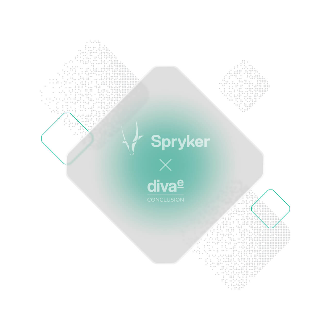 A geometric graphic displaying the Spryker, STAUFF, and divae CONCLUSION logos on a green gradient background with abstract dotted square elements.
