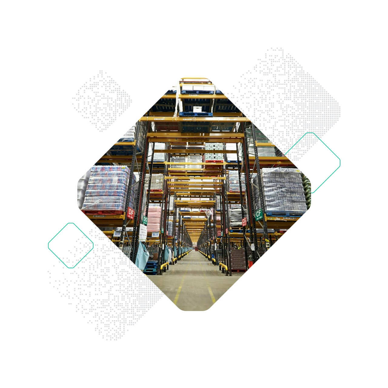 Warehouse interior showing tall shelves filled with stacked goods and pallets, including STAUFF products, with a clear central aisle for movement. Geometric design elements decorate the background.