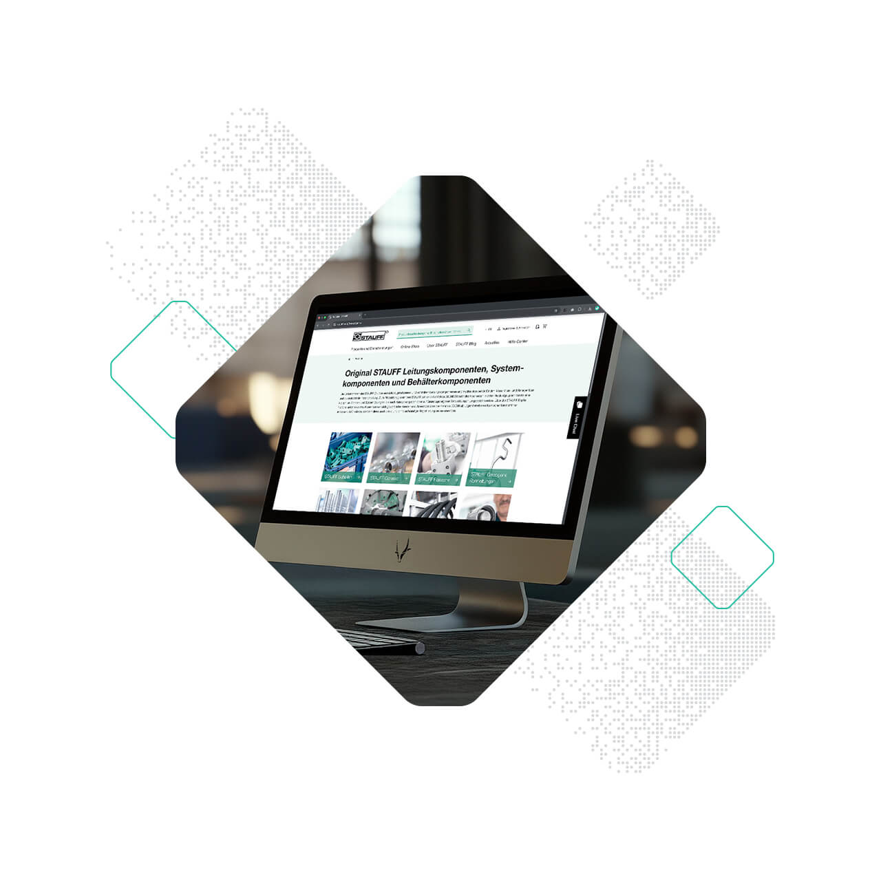 A computer monitor on a desk displays the STAUFF website with images and German text. Geometric graphic elements are in the background.