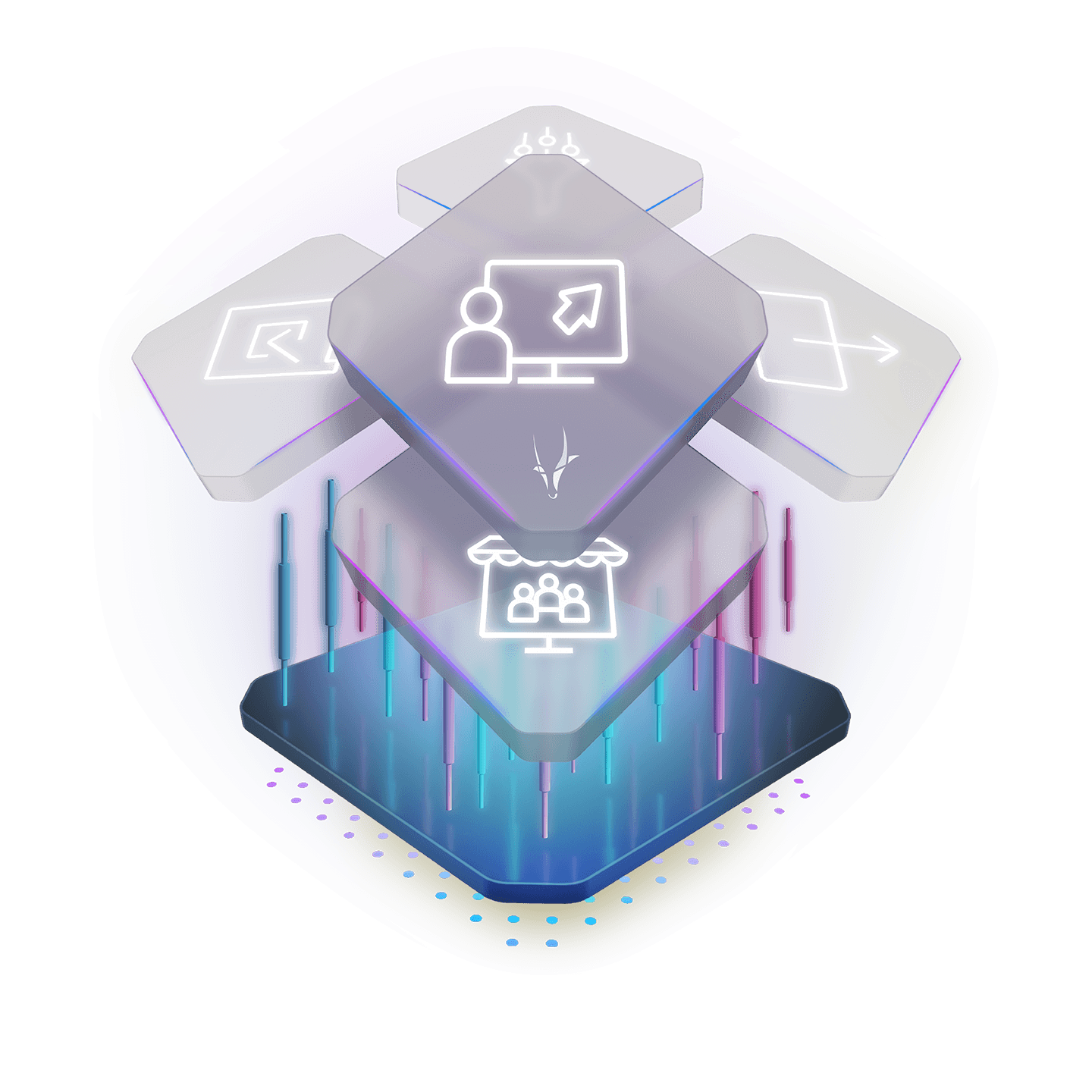 A 3D illustration showcasing hexagonal blocks with symbols depicting technology and data, including AI, a client presenting a display. Set against a black background with a dotted light effect, this visual nods to the latest Spryker product release.