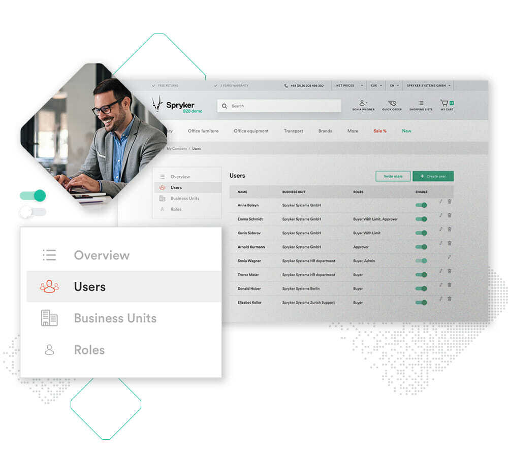 A man smiles at a laptop displaying a buy-side marketplace interface for managing users, business units, and roles. The screen features a left sidebar for navigation and a main panel listing users and their roles.