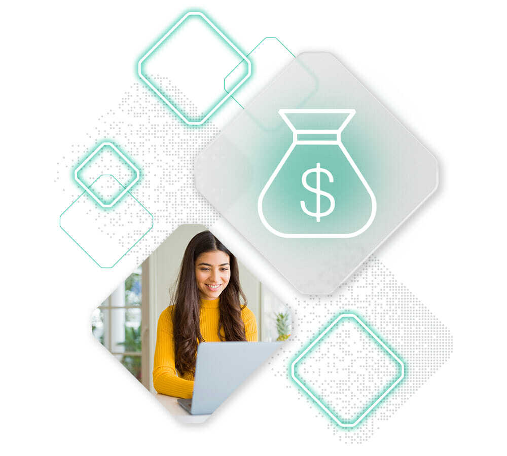 A person in a yellow sweater uses a laptop, overlaid with digital hexagons and a money bag icon, representing the dynamic nature of the buy-side marketplace.