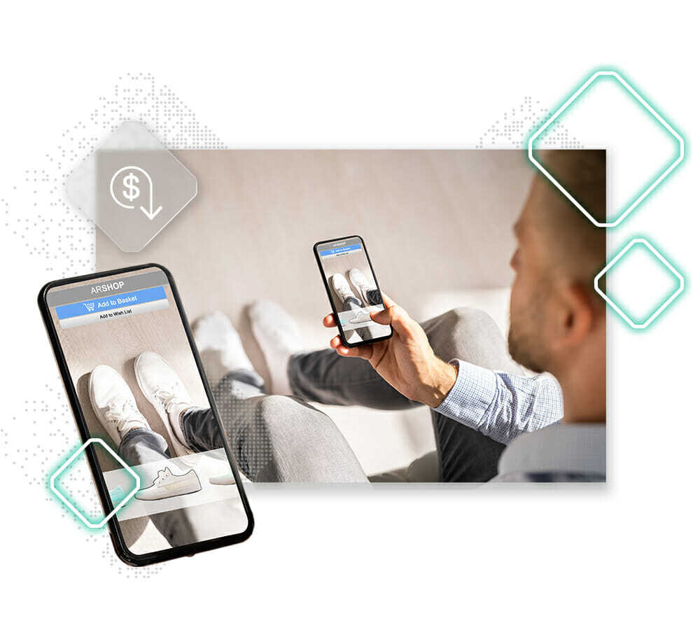 A person is using a mobile app to virtually try on white sneakers, seamlessly staying competitive with visual commerce. The app screen displaying the sneakers is also shown in an enlarged view.