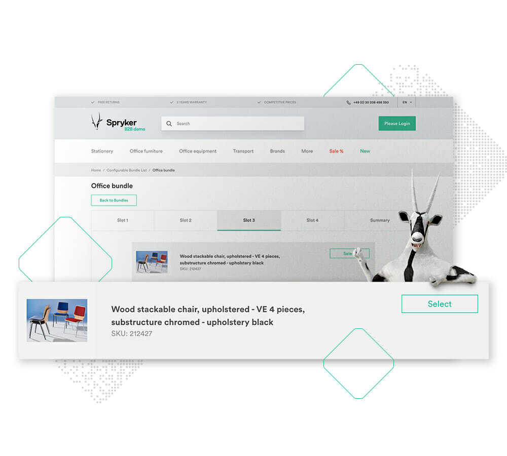 Website interface displaying office furniture with a search bar and menu options. Highlighted is a listing for a wood stackable chair (SKU: 212247), available for selection. Stay competitive with visual commerce by exploring our detailed product visuals that enhance your buying experience.