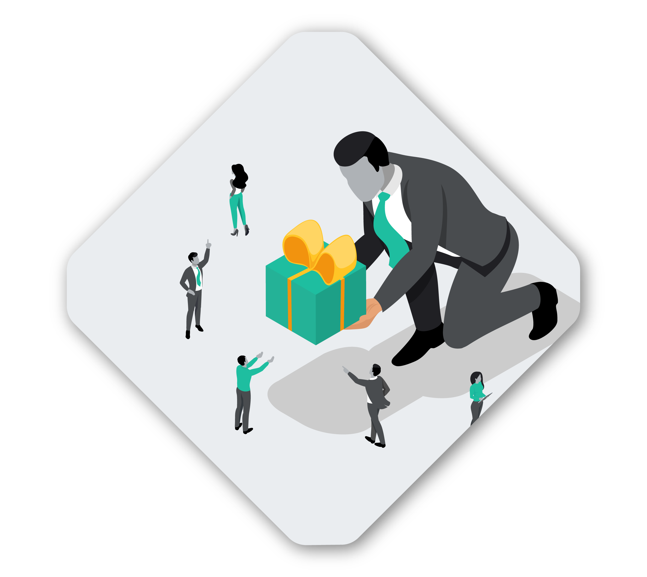 Illustration of a large person in business attire kneeling and presenting a gift-wrapped box with a bow to smaller people surrounding him, symbolizing the collaborative spirit of a Spryker marketplace.