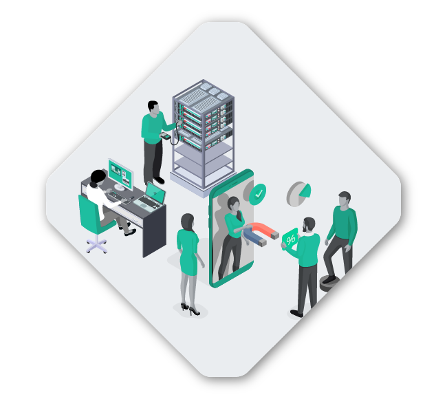 Illustration of IT professionals working with servers, a computer, and interacting with a giant smartphone. One is checking a server rack, another is seated at a computer, and two are collaborating.