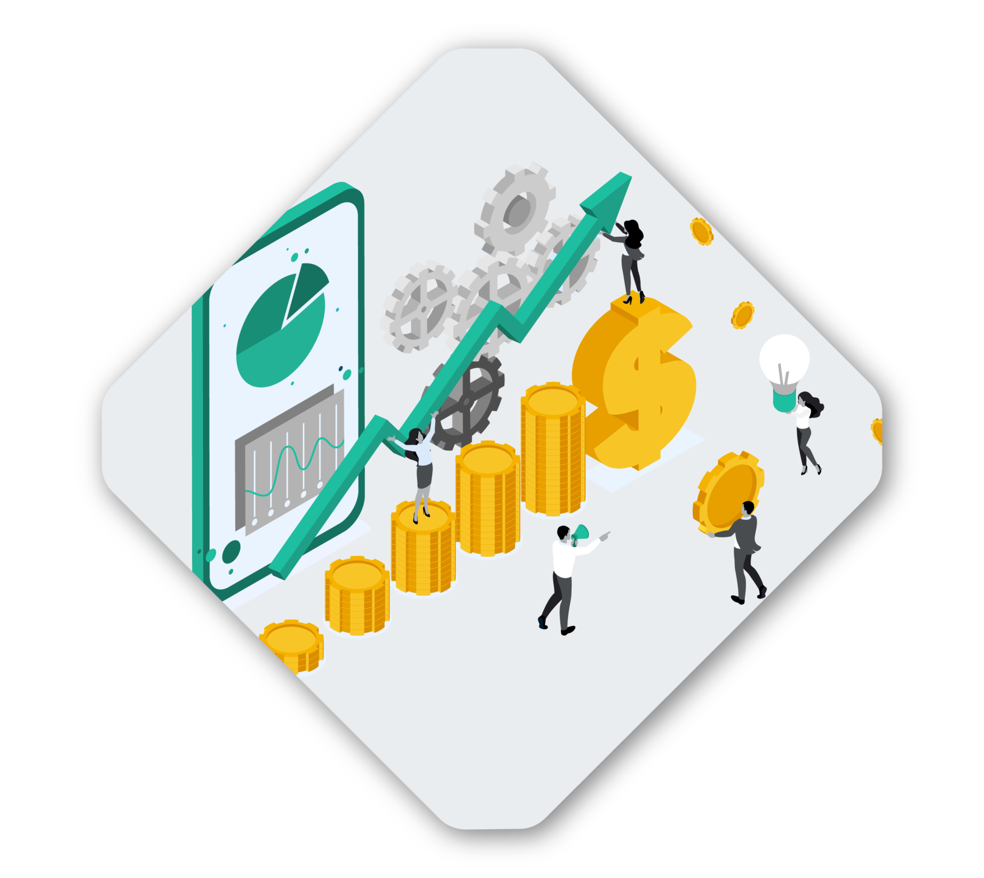 Illustration of people interacting with financial symbols, including a smartphone displaying a chart, stacks of coins, gears, a dollar sign, and an upward-pointing arrow—all representing the power of PaaS (Platform-as-a-Service) in modern finance.