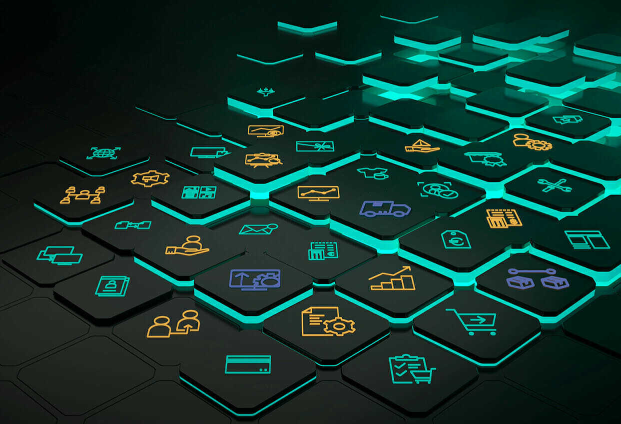 A digital illustration depicting interconnected hexagonal blocks with various business and technology icons, including microservices and PBCs, illuminated in green and orange.