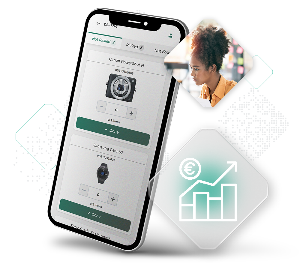 A smartphone screen showcases an inventory management app featuring camera and watch products, accompanied by an inset of a person examining a screen and an icon of a financial upward trend chart. The app supports Buy Online Pick-up in Store to streamline the shopping experience.